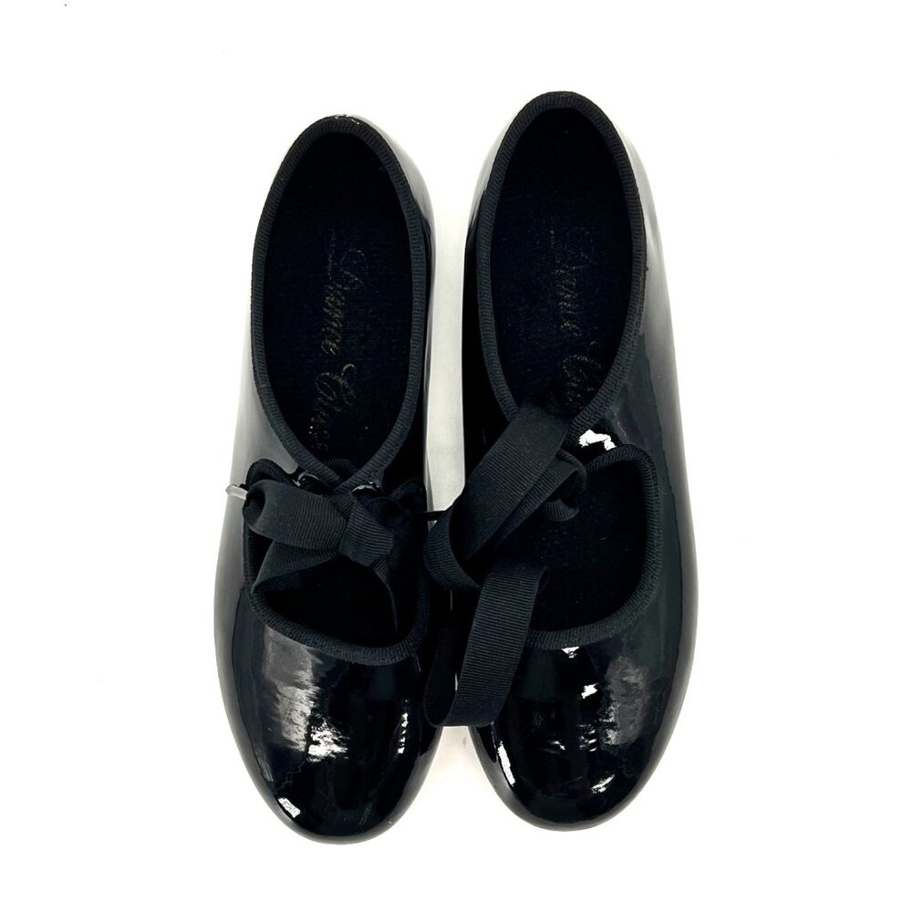 Dance Class Trimfoot Tap Shoes Girls Size 2 Black Patent Faux Leather Ribbon Tie - Picture 7 of 15